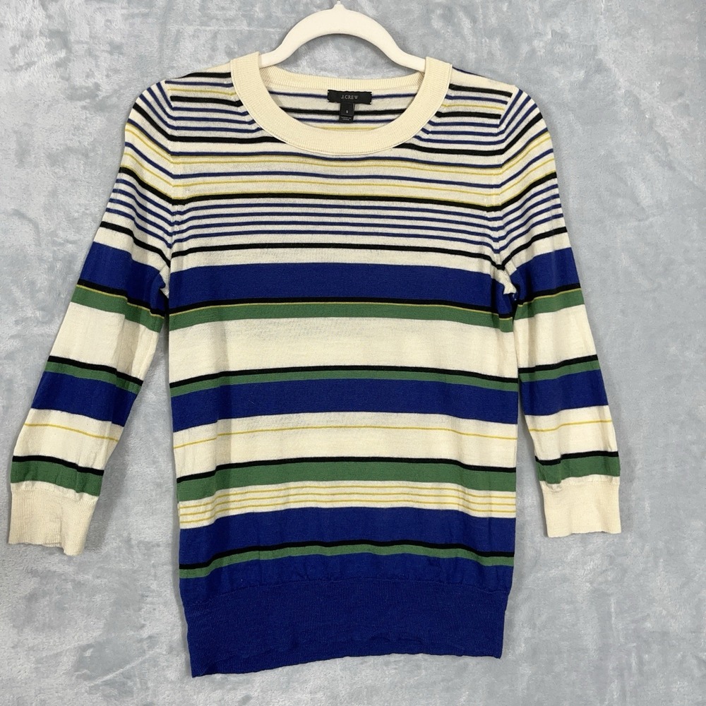 J Crew Tippi Sweater Womens Small Blue Striped Merino Wool 3/4 Sleeve Preppy